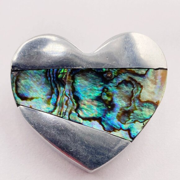 VINTAGE Thick silver tone metal heart brooch inlaid w/ genuine abalone shell pin - Picture 3 of 7
